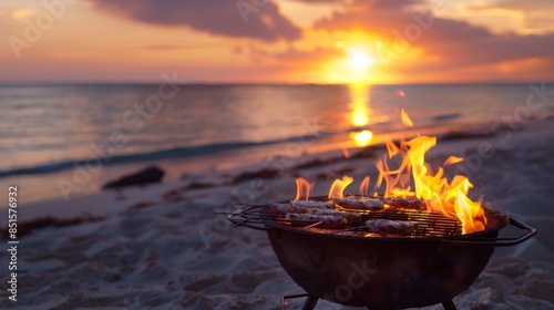 Grill with flame on the beach on sunset