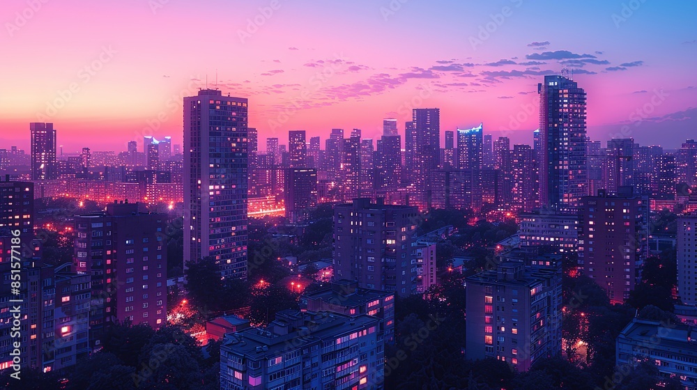 Obraz premium Abstract photograph of a city skyline at dusk, with buildings illuminated in shades of lilac and burnt orange, evoking feelings of urban nostalgia. Abstract Backgrounds Illustration, Minimalism,