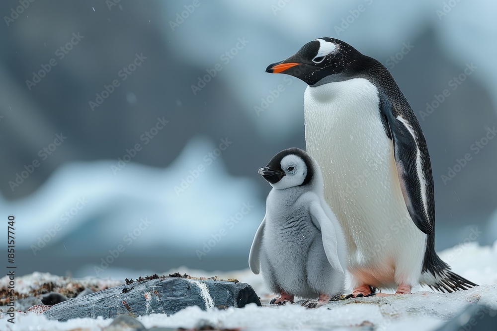 Obraz premium A fluffy penguin chick standing on a patch of ice, with its parent nearby. The chick is looking up at the adult penguin with admiration