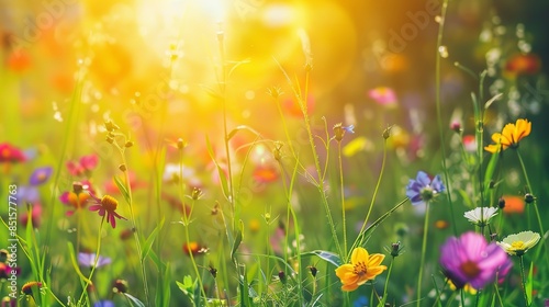 Wildflower meadow, macro view, sunset glow, vivid colors, shallow depth of field, serene backdrop. © Thanthara