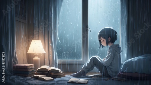 lofi anime sad graphic with soft, muted colors like pale blues and grays, featuring a solitary character sitting by a window with raindrops gently falling outside, glowing lamp and scattered books