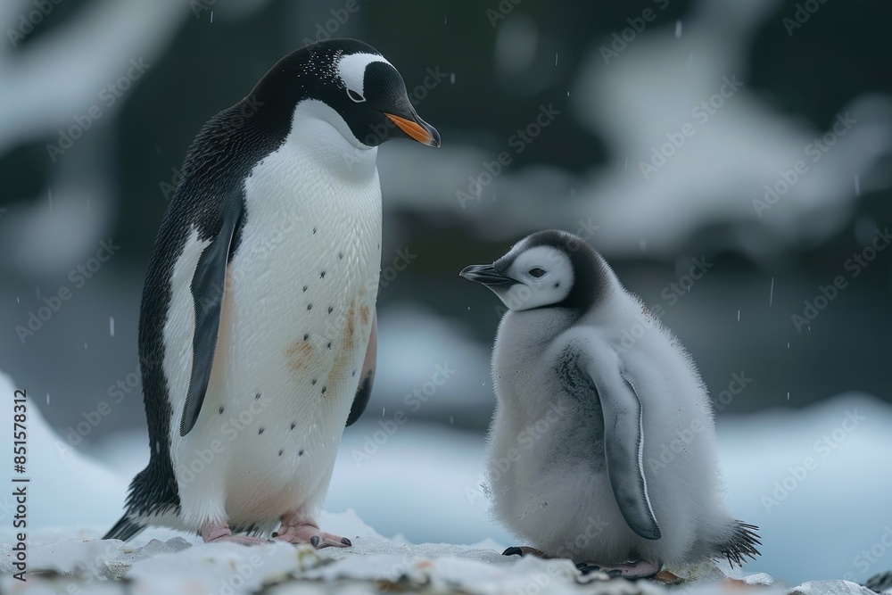 Obraz premium A fluffy penguin chick standing on a patch of ice, with its parent nearby. The chick is looking up at the adult penguin with admiration