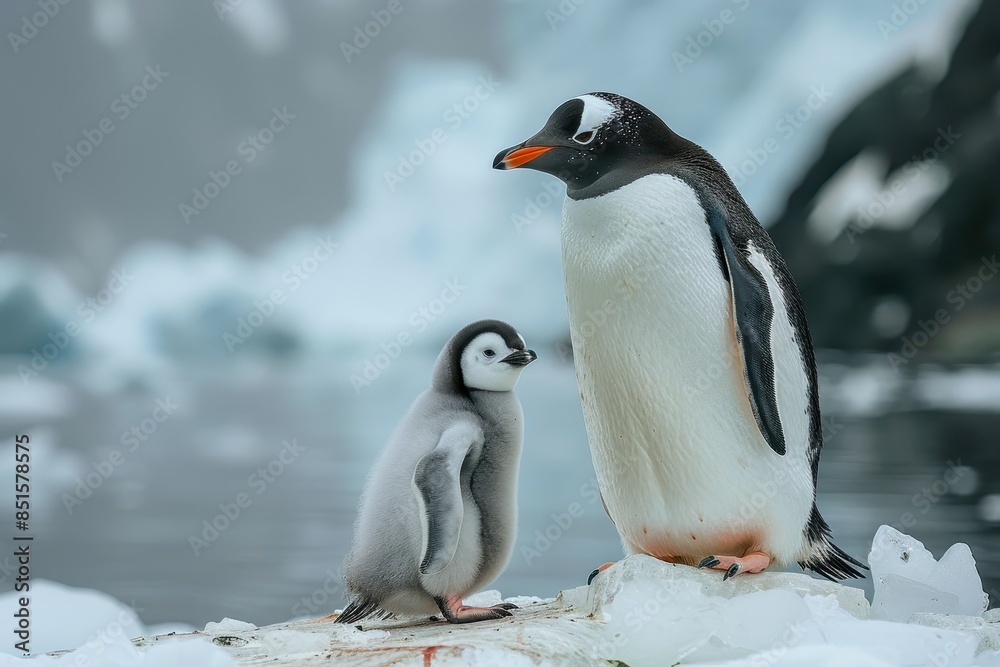 Naklejka premium A fluffy penguin chick standing on a patch of ice, with its parent nearby. The chick is looking up at the adult penguin with admiration