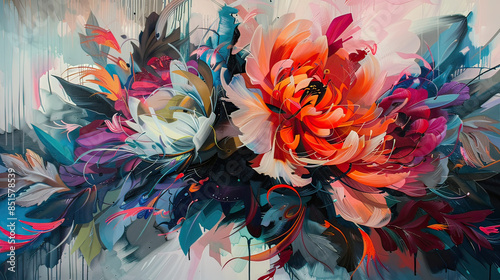 Intriguing oil paintings of abstract flowers and foliage, AI generative