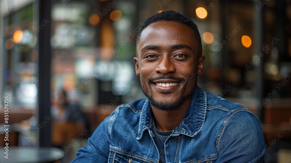 Image depicting a man in a denim jacket seated at a cafe table with a city environment Image depicting a man in a denim jacket seated at a cafe table with a city environment