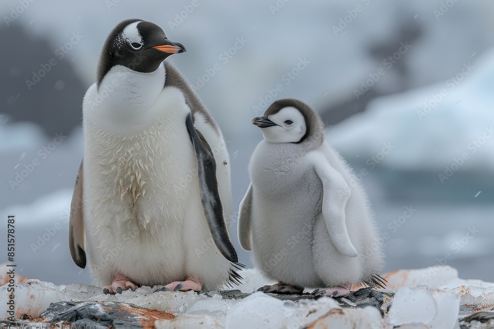 Obraz premium A fluffy penguin chick standing on a patch of ice, with its parent nearby. The chick is looking up at the adult penguin with admiration