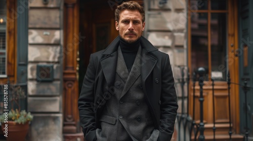 A stylish man dressed in an elegant overcoat stands before a residential entrance, face obscured, exuding sophistication