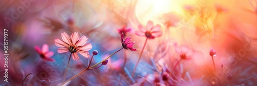 Blurred Floral Field in Sunlight: Serene Nature and Tranquility, Wide Copy Space