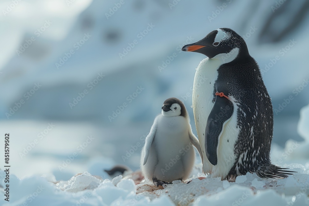 Obraz premium A fluffy penguin chick standing on a patch of ice, with its parent nearby. The chick is looking up at the adult penguin with admiration