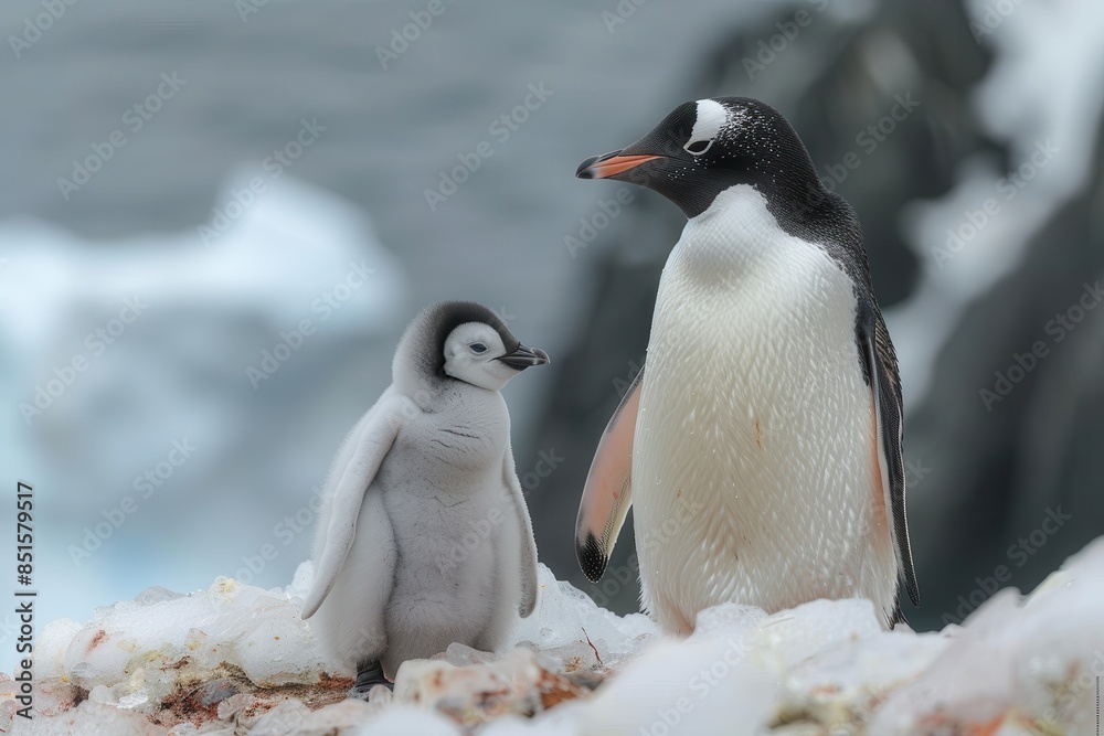 A fluffy penguin chick standing on a patch of ice, with its parent nearby. The chick is looking up at the adult penguin with admiration
