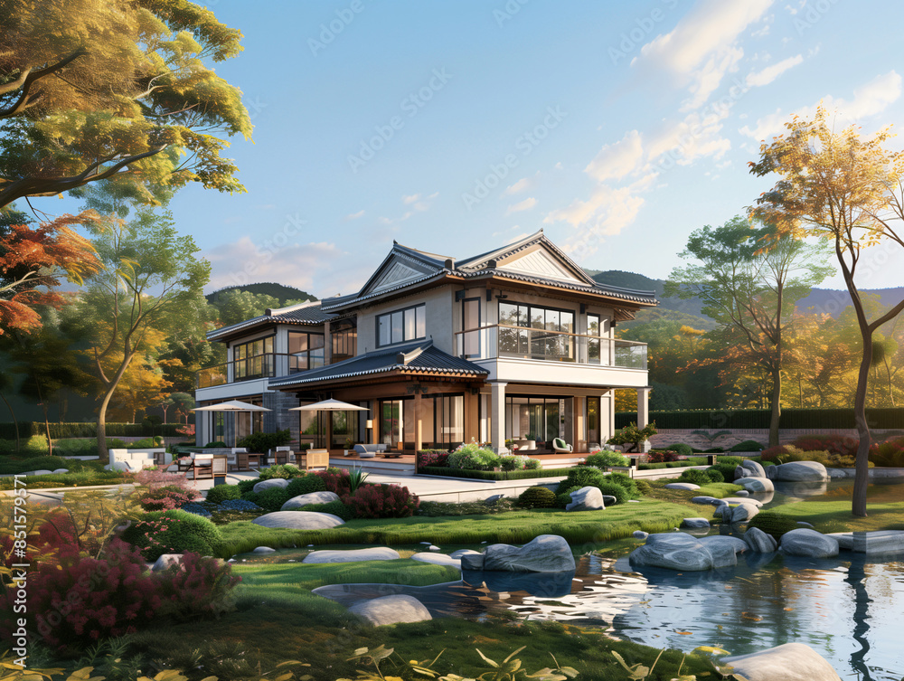 Obraz premium 큰 정원이 있는 한국형 고급 전원주택-Korean-style luxury country house with a spacious garden