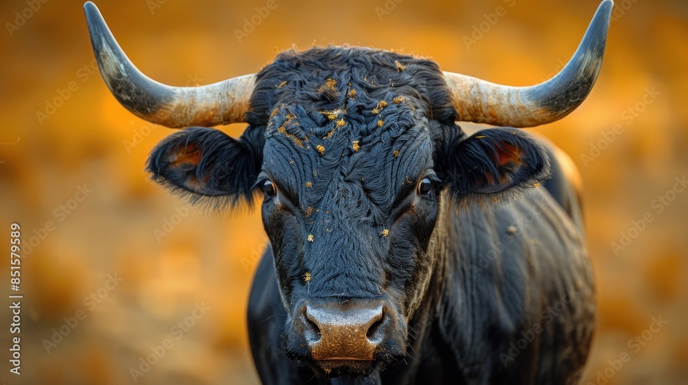 Close-Up Portrait of a Black Bull with Large Horns Close-Up Portrait of a Black Bull with Large Horns