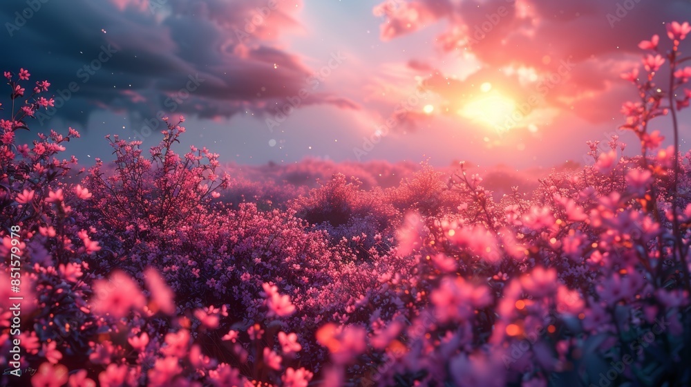 Sunset Over a Field of Pink Flowers Sunset Over a Field of Pink Flowers