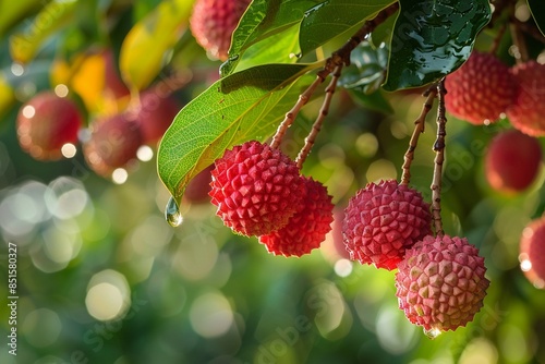 Photographically, under the hot summer sun, the trees full of lychees hang among the green leaves, each lychee is full and dripping photo