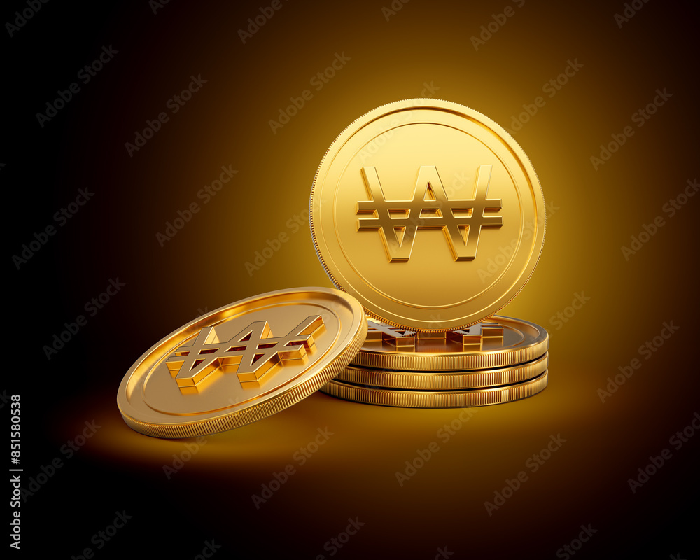Stack Of Golden Shiny Korean Won Rounded Coins On Shiny Golden Glow Background 3d Illustration Stack Of Golden Shiny Korean Won Rounded Coins On Shiny Golden Glow Background 3d Illustration