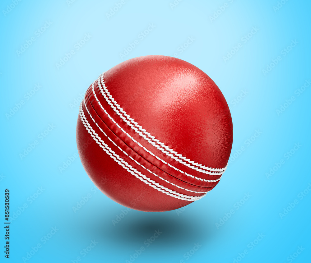 Shiny New Test Match Leather Stitched Cricket Ball On Blue Background 3D Illustration Shiny New Test Match Leather Stitched Cricket Ball On Blue Background 3D Illustration