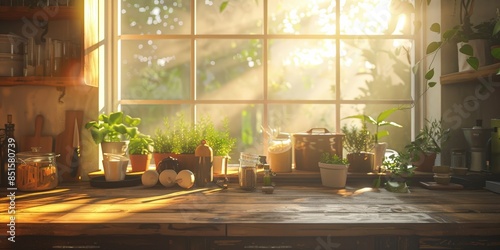 Rustic Kitchen Windowsill with Sunlight and Plants © Nice Seven