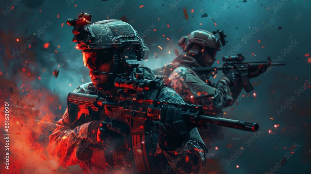Modern warfare soldiers in dark with combat ammunition and weapons in the hands of equipped laser sights are in battle order Mixed media Modern warfare soldiers in dark with combat ammunition and weapons in the hands of equipped laser sights are in battle order Mixed media