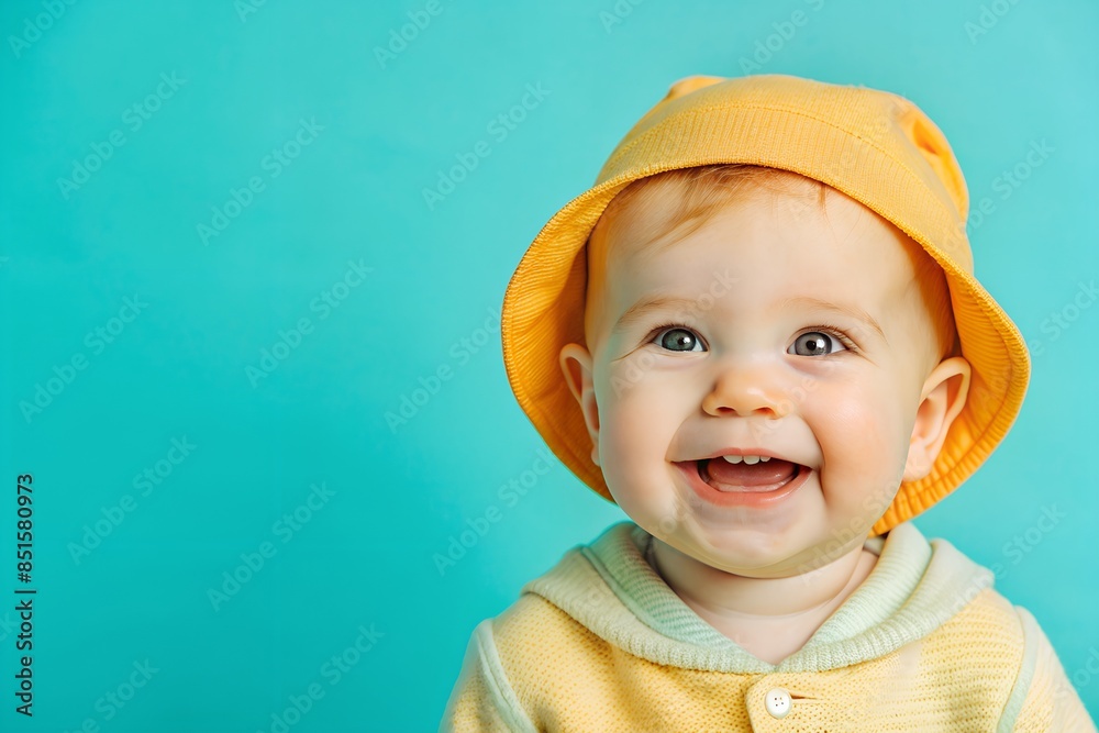 Happy Baby with Yellow Hat against Vibrant Turquoise Background Happy Baby with Yellow Hat against Vibrant Turquoise Background