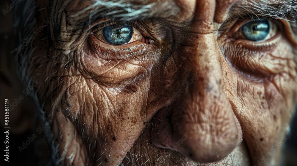 A man with a wrinkled face and blue eyes