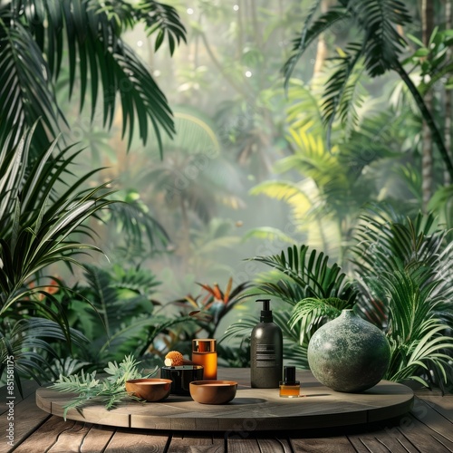 Jungle table background. Interior table for a cosmetic item against the backdrop of tropical plants, palms and jungle. Generative AI © Hokmiran