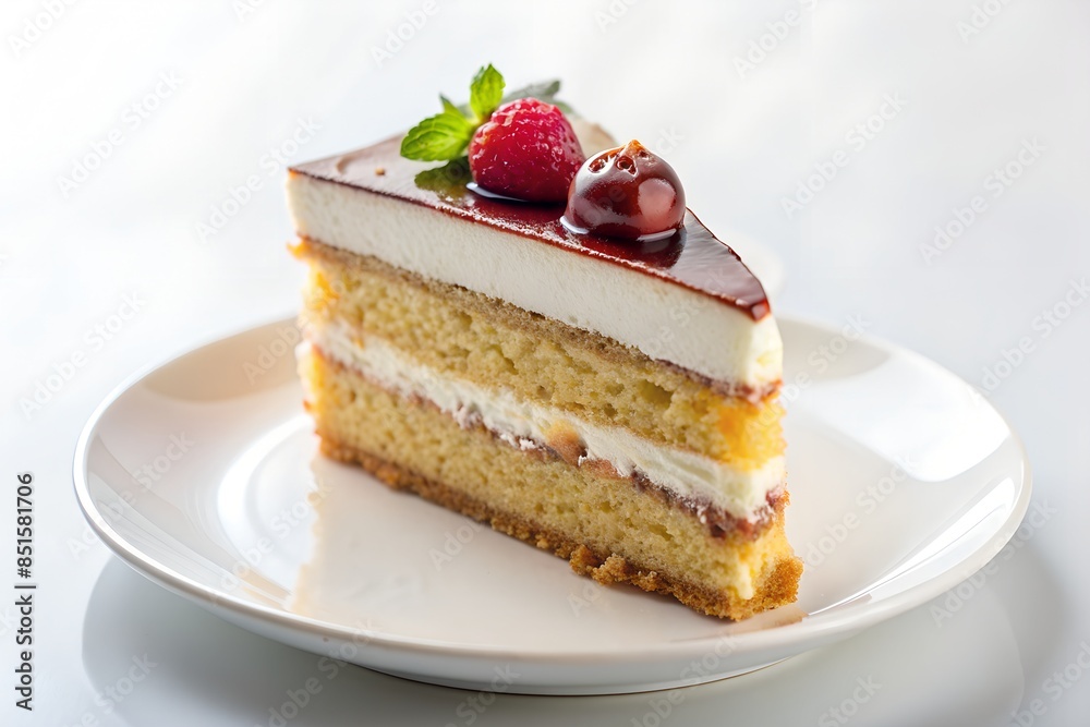 Delicious slice of layered cake topped with cherries and strawberry on white plate Delicious slice of layered cake topped with cherries and strawberry on white plate
