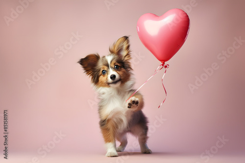 Cute dog is holding a heart shaped balloon on pastel background