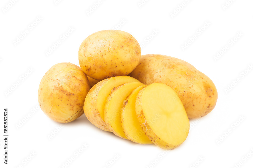 Young potatoes. Raw potatoes isolated on white background.Peel potatoes.Harvesting collection. organic, freshly dug potatoes. Agricultural background. Vegan. Vegetables.Potato slices. Young potatoes. Raw potatoes isolated on white background.Peel potatoes.Harvesting collection. organic, freshly dug potatoes. Agricultural background. Vegan. Vegetables.Potato slices.