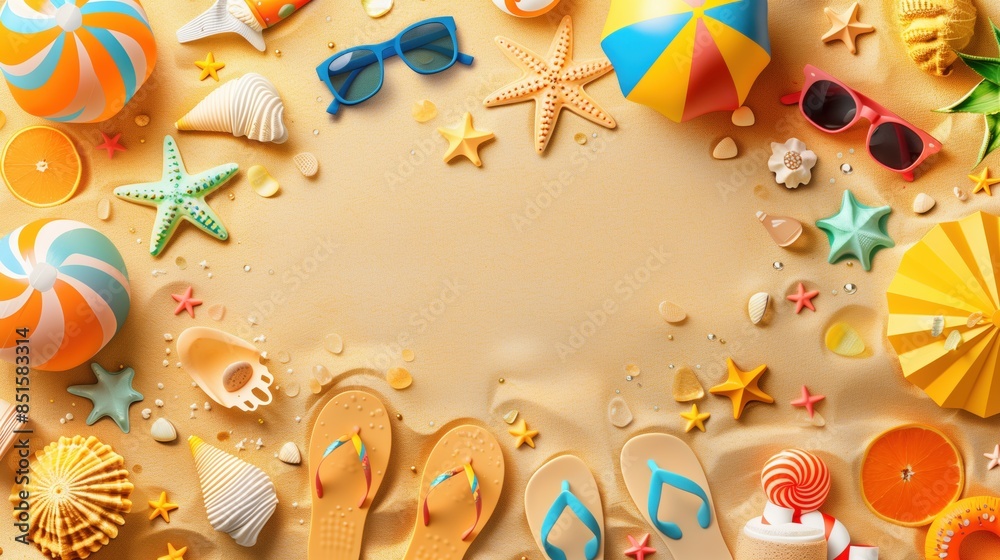 Summer Beach Scene with Beach Balls, Sunglasses, Flip Flops, and Seashells on Sand Summer Beach Scene with Beach Balls, Sunglasses, Flip Flops, and Seashells on Sand