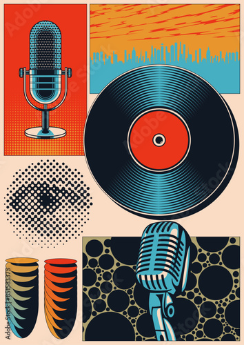 Music Poster 3D Effect Abstract Vector Illustration, Retro Microphones, Vinyl, Geometric Shapes, Original Colors
