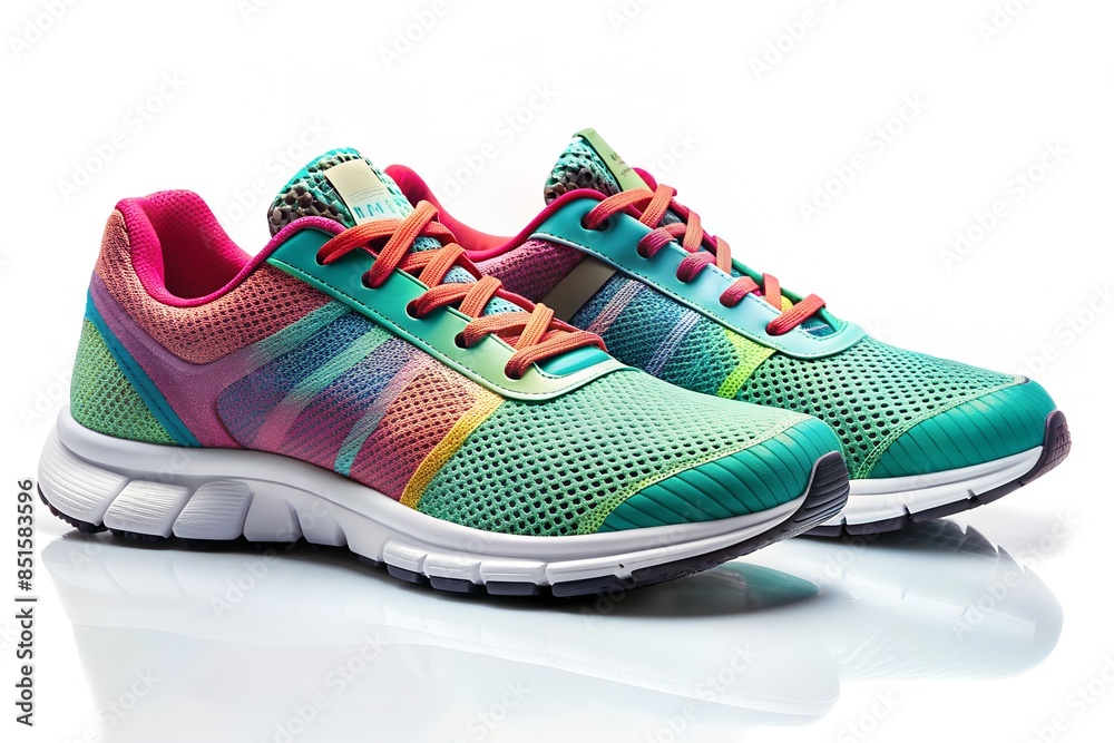 Colorful Athletic Running Shoes with Mesh Fabric on Reflective Surface Colorful Athletic Running Shoes with Mesh Fabric on Reflective Surface