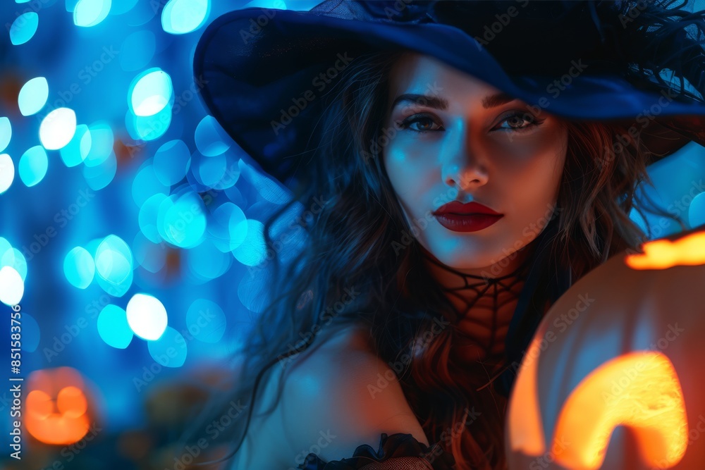 Mysterious witch in dark hat, with glowing pumpkin and blue festive lights in the background Mysterious witch in dark hat, with glowing pumpkin and blue festive lights in the background