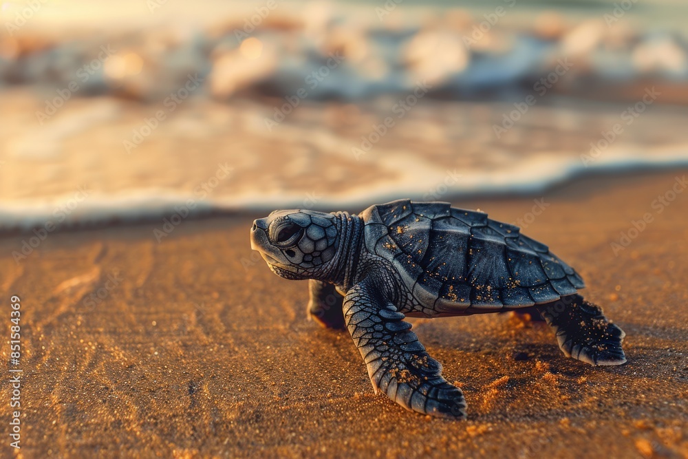 Tiny Sea Turtle Hatchling Crawls Toward the Ocean at Sunset Tiny Sea Turtle Hatchling Crawls Toward the Ocean at Sunset
