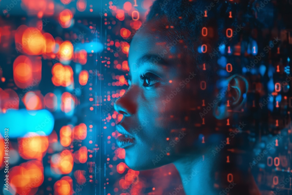 Abstract portrait of woman with binary code and colorful lights Abstract portrait of woman with binary code and colorful lights