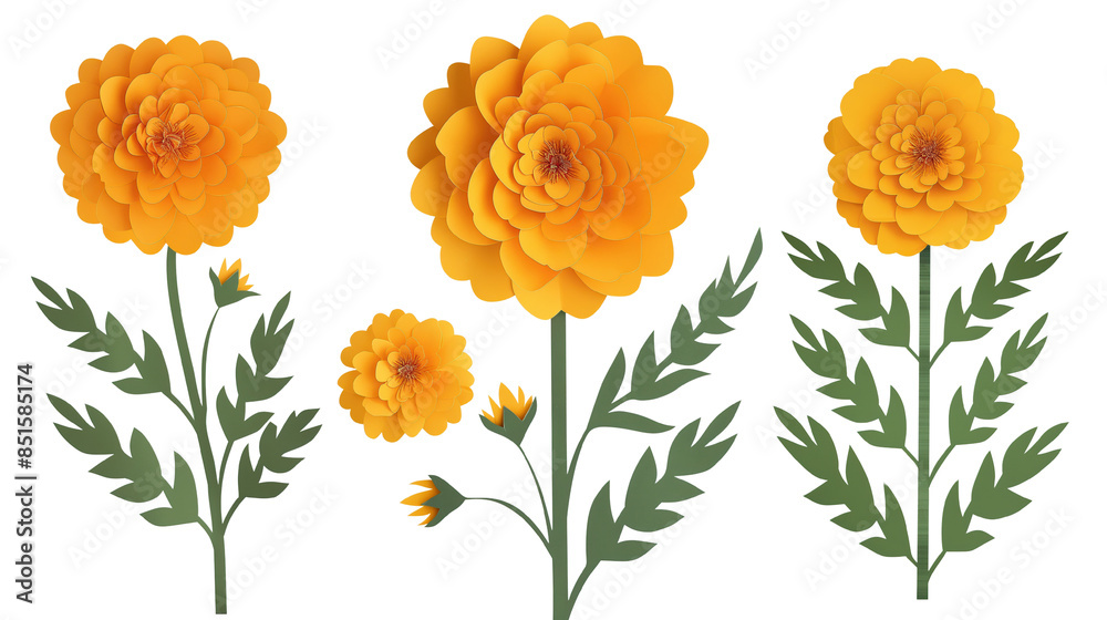 Vivid paper marigolds, decorative floral design element, clip art set, isolated on transparent background Vivid paper marigolds, decorative floral design element, clip art set, isolated on transparent background