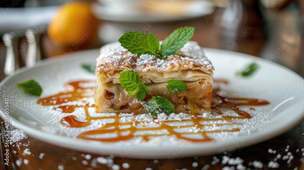 A beautifully plated strudel slice, garnished with fresh mint leaves and a drizzle of caramel sauce, ready to be enjoyed. A beautifully plated strudel slice, garnished with fresh mint leaves and a drizzle of caramel sauce, ready to be enjoyed.