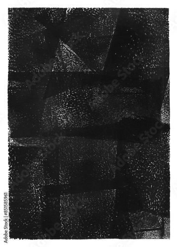 Linocut, relief printing, letterpress rectangle A4 shape rough texture. Paint roller geometric stains, lino ink grainy surface. Black and white artistic linocutting textured background, text frame.