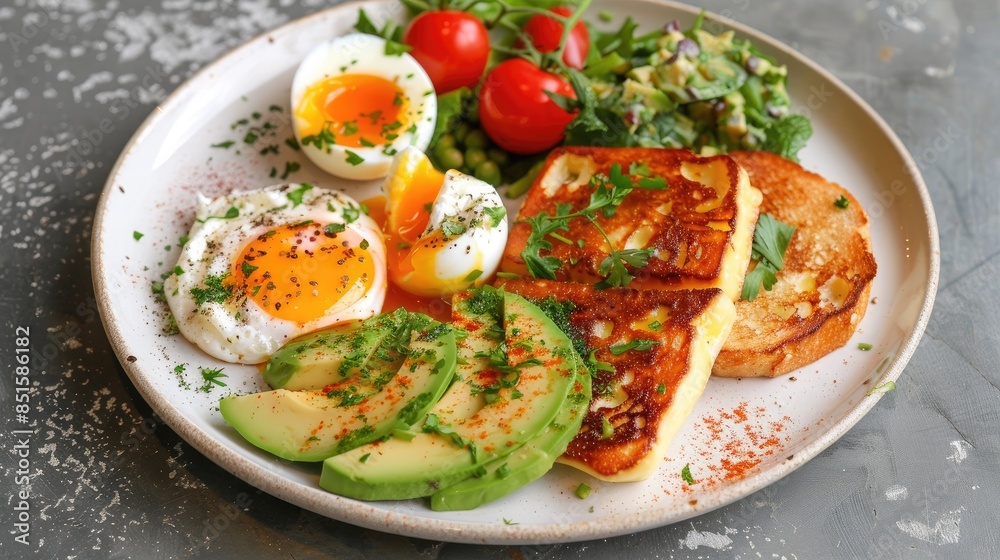 A breakfast plate with fried halloumi cheese, poached eggs, avocado slices, and whole grain toast A breakfast plate with fried halloumi cheese, poached eggs, avocado slices, and whole grain toast