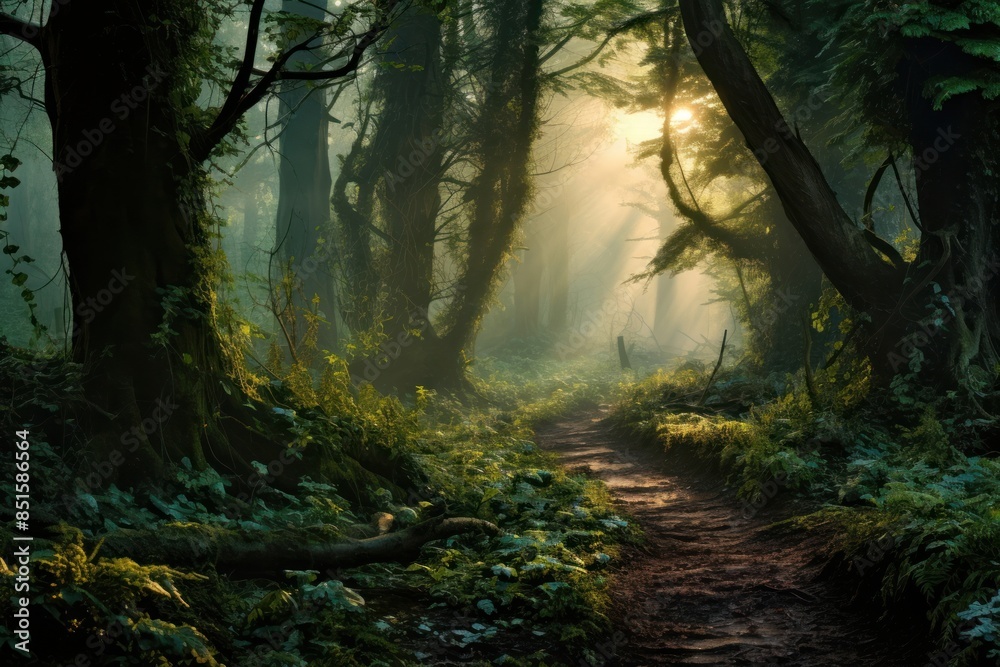Naklejka premium Green forest landscape vegetation woodland.