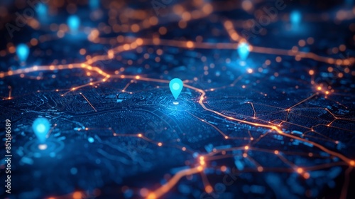 Futuristic map with location pins and glowing network
