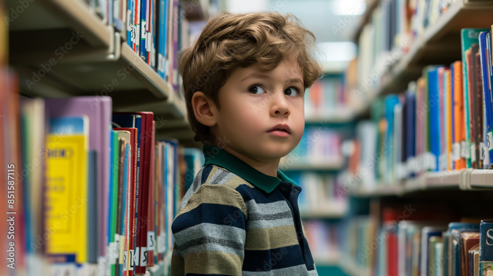 A child eagerly exploring school library shelves for a new adventure book, photostock style A child eagerly exploring school library shelves for a new adventure book, photostock style