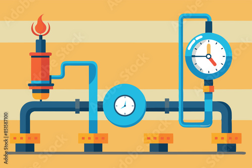 A stylized illustration of an industrial piping system. Different pipes in blue and orange, connected by yellow valves and fittings, attached to gray blocks.