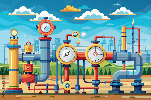 A stylized illustration of an industrial piping system. Different pipes in blue and orange, connected by yellow valves and fittings, attached to gray blocks.