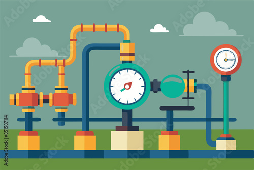 A stylized illustration of an industrial piping system. Different pipes in blue and orange, connected by yellow valves and fittings, attached to gray blocks.