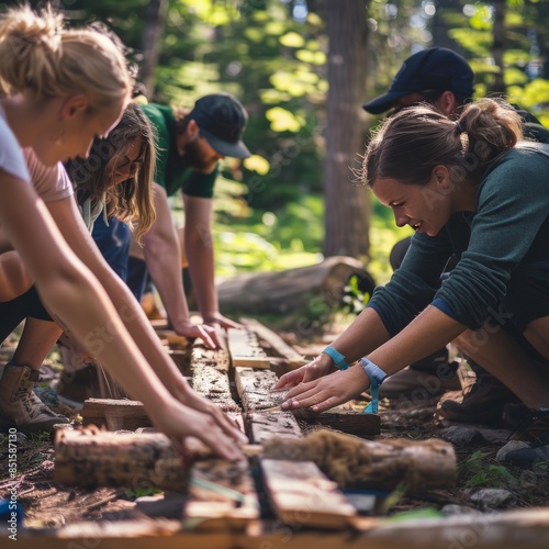 Detailed shot of a group participating in a team-building activity at a volunteer camp, focusing on social wellness. Job ID: 3d21b6c3-2d59-4cb0-b6f6-e0ec2cfbd11b