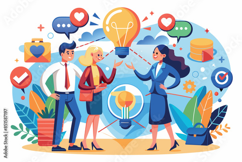 of two people holding a light bulb between them, which symbolizes an idea or collaboration. In the background are various icons, which hints at creativity and communication.