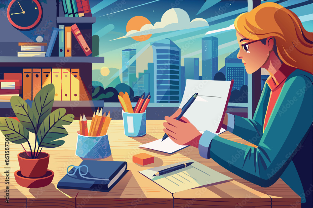 Writer sitting at a table and writing on a piece of paper with a pen. creating poems, sings or stories