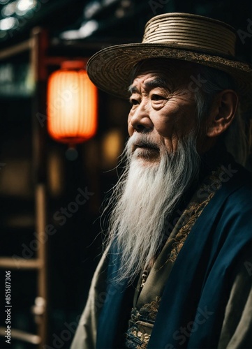 wise old japanese man from tokyo with a long white beard, intricate, sharp focus, fantasy, cinematic lighting, other worldy, surreal 8k photo, dark moody aesthetic photo