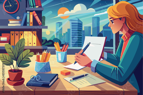 Writer sitting at a table and writing on a piece of paper with a pen. creating poems, sings or stories