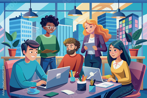 A modern office with people working at a shared desk on laptops. theme of a modern, collaborative and technology-oriented work culture.